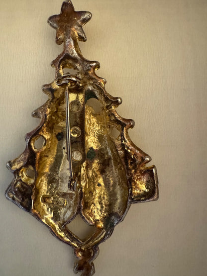 H-Cats w/Christmas tree gold tone brooch