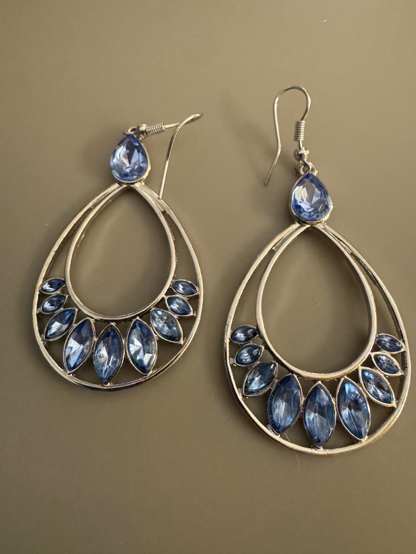 Blue faux topaz silver tone dangle earrings