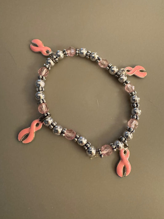 Pink ribbon silver tone stretchy bracelet