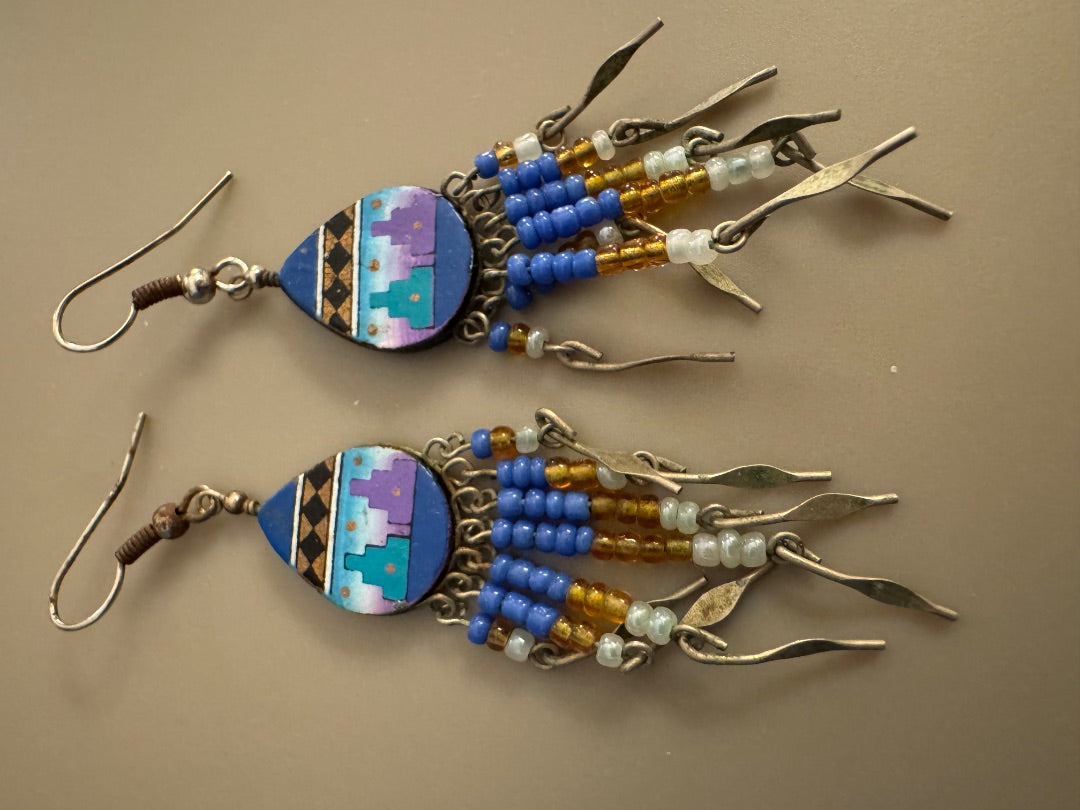 Blue SW motif dangle earrings