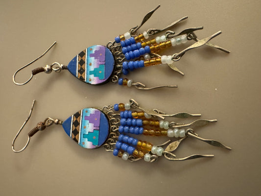 Blue SW motif dangle earrings