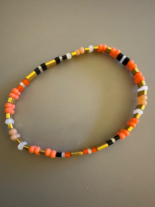 Orange gold black double bead strand stretchy bracelet