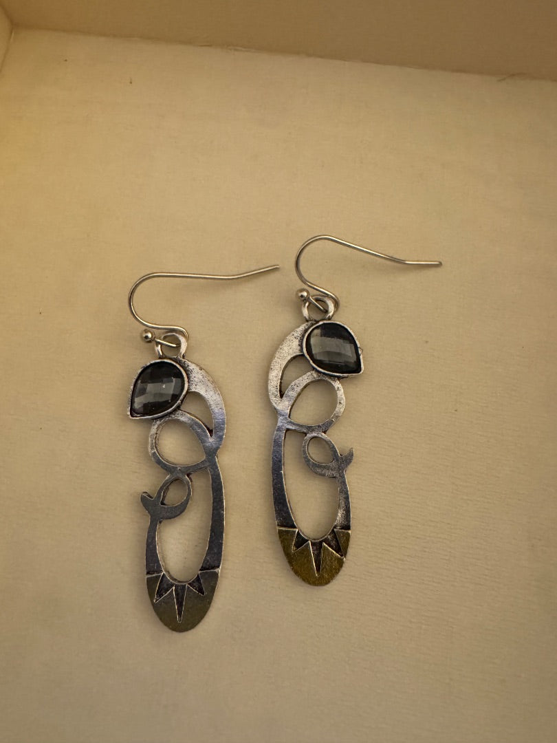 Silvertone cutout blue accent dangle earrings