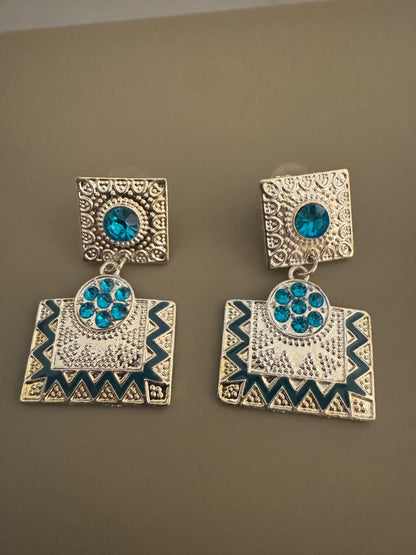 Silvertone lt blue square stud earrings