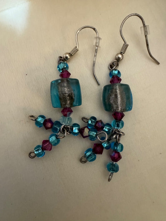 Red and blue bead dangle earrings