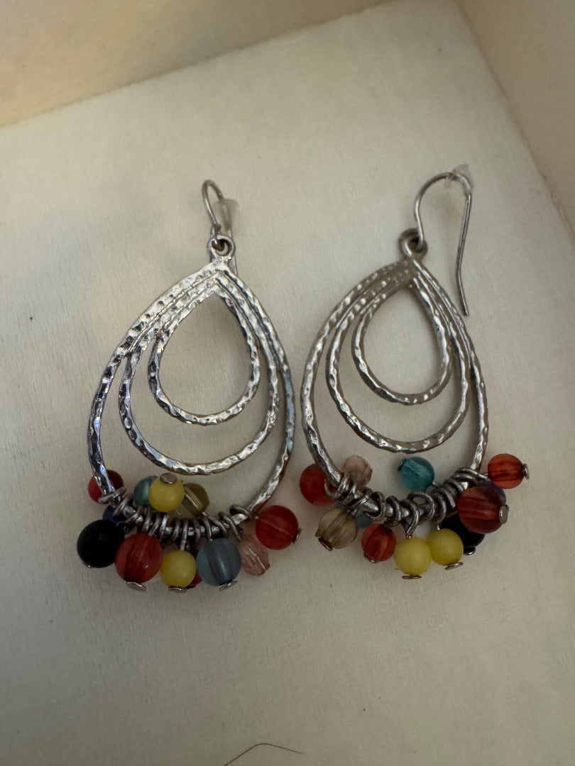 Silvertone multi color bead dangle earrings