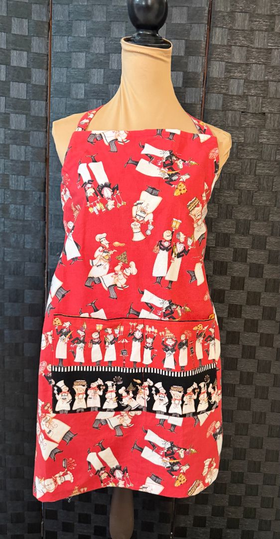 Red Chubby Chef Theme Handmade by Kelly Adult Apron, Adjustable