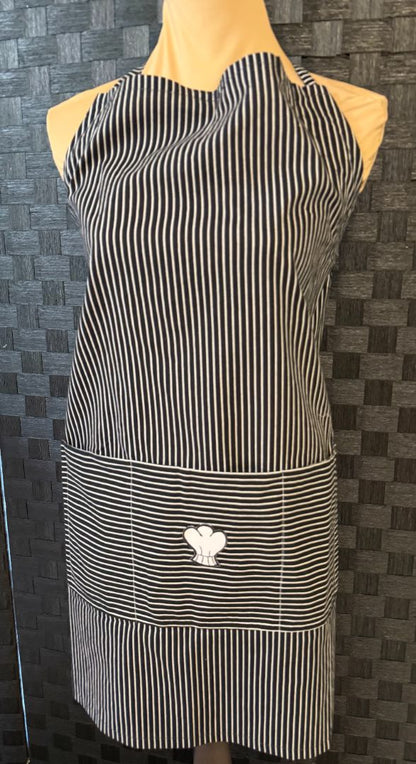Black and White Pinstripe Chef Theme Handmade by Kelly Adult Apron, Adjustable