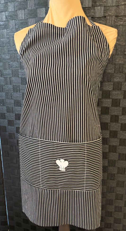 Black and White Pinstripe Chef Theme Handmade by Kelly Adult Apron, Adjustable