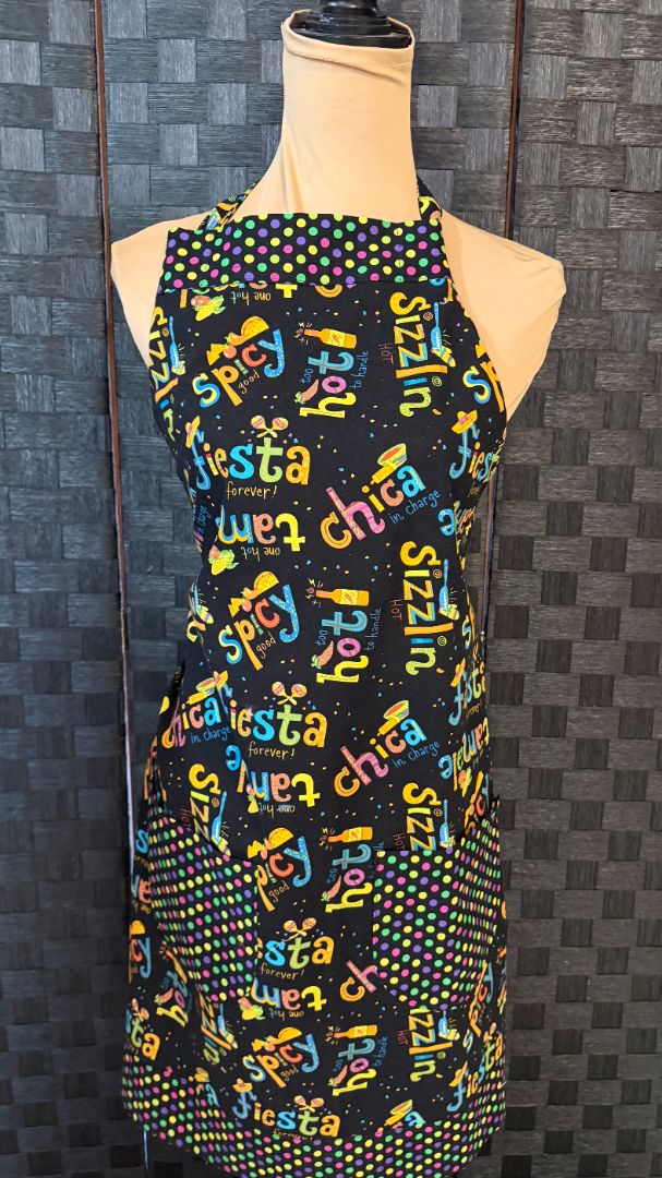 Black and Colorful Fiesta Theme Handmade by Kelly Adult Apron, Adjustable