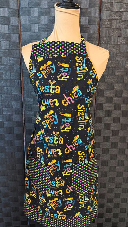 Black and Colorful Fiesta Theme Handmade by Kelly Adult Apron, Adjustable