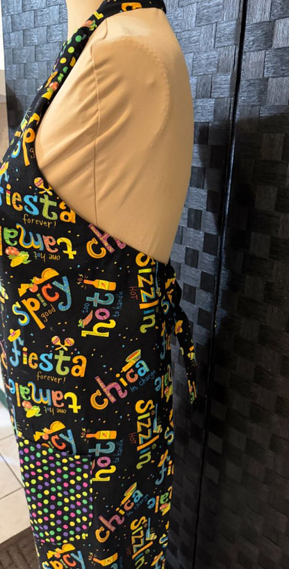 Black and Colorful Fiesta Theme Handmade by Kelly Adult Apron, Adjustable