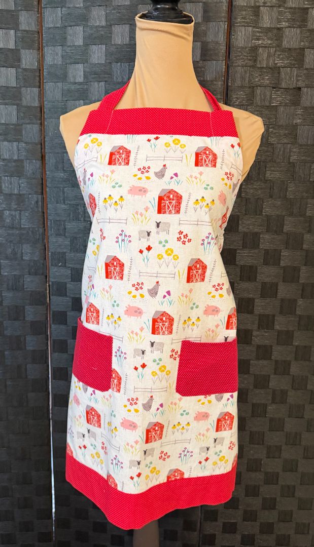 Red and White Farm Animals Handmade by Kelly Adult Apron, Adjustable