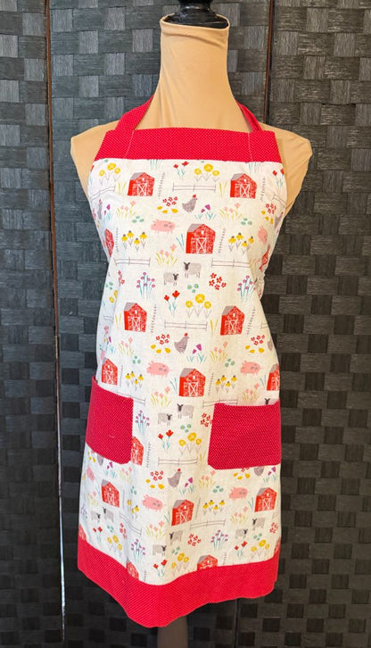 Red and White Farm Animals Handmade by Kelly Adult Apron, Adjustable