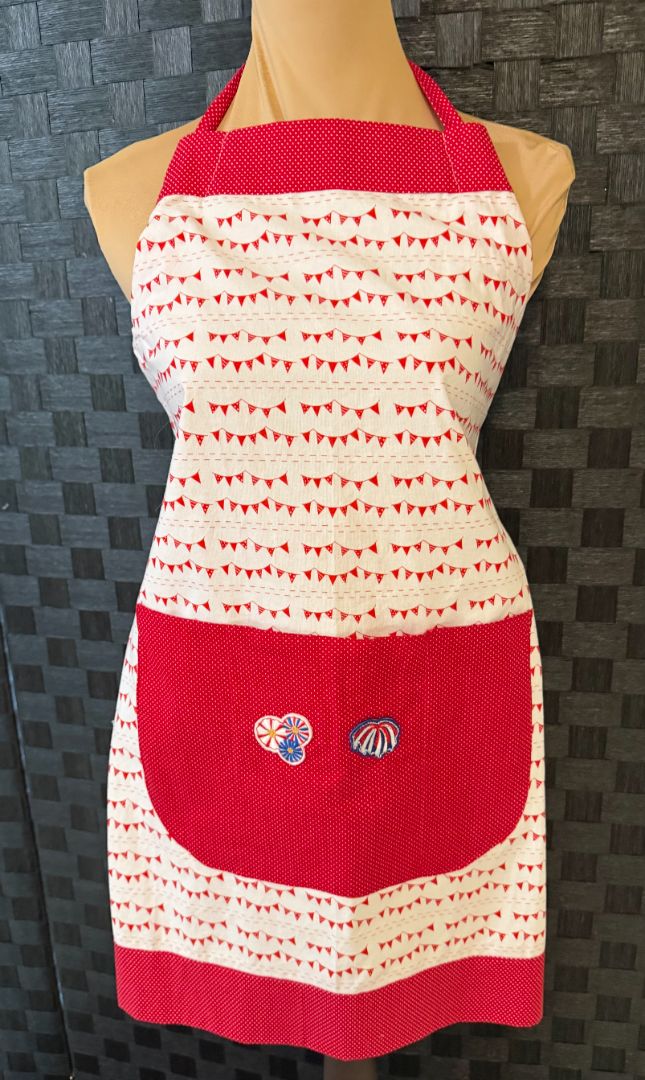 Red and Cream Flags and Fireworks Handmade by Kelly Adult Apron, Adjustable
