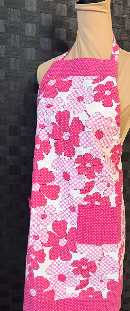 Pink and White Handmade by Kelly Pink and White Large Flower Print Apron, Adjustable
