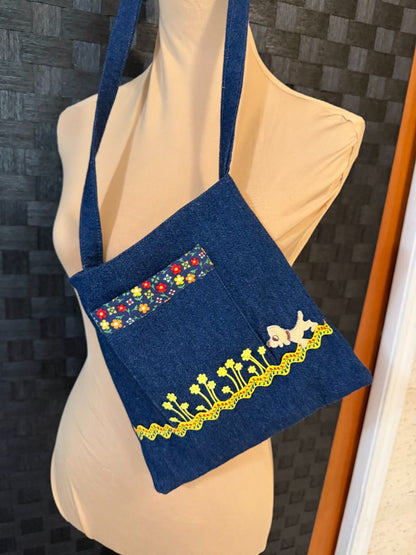 Denim Floral Accent Handbag Handmade by Kelly Hand Bags, Small