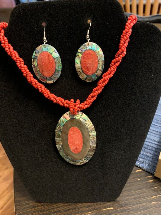 red  Red seed bead necklace and earring set carved abalone