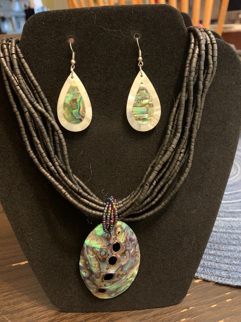 black  black beaded multi strand necklace and earring set with abalone shell