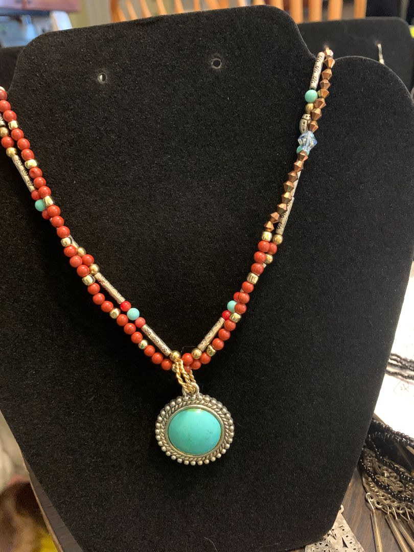 turquoise and red  Navajo necklace with turquoise and coral beads with turquoise pendant