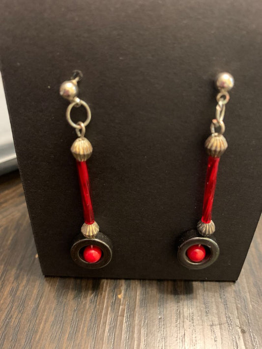 red/silver  red bead dangle long earrings