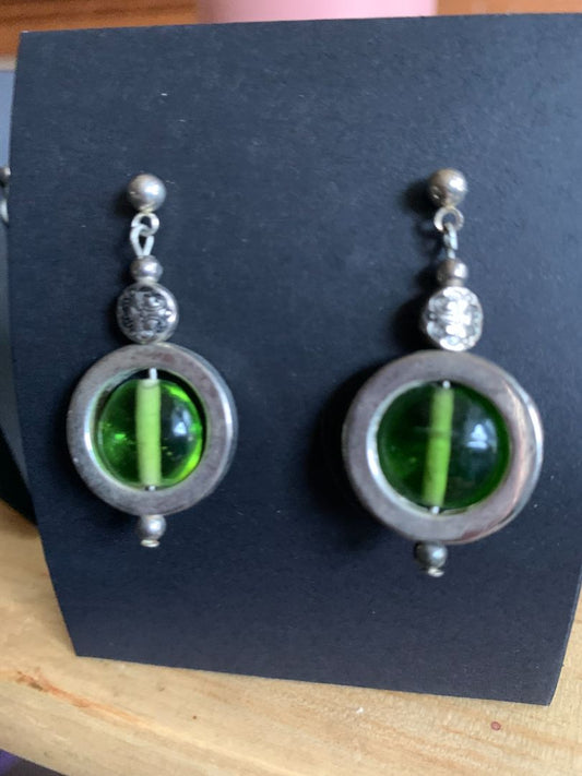 Green  green cat eye and silver earrings