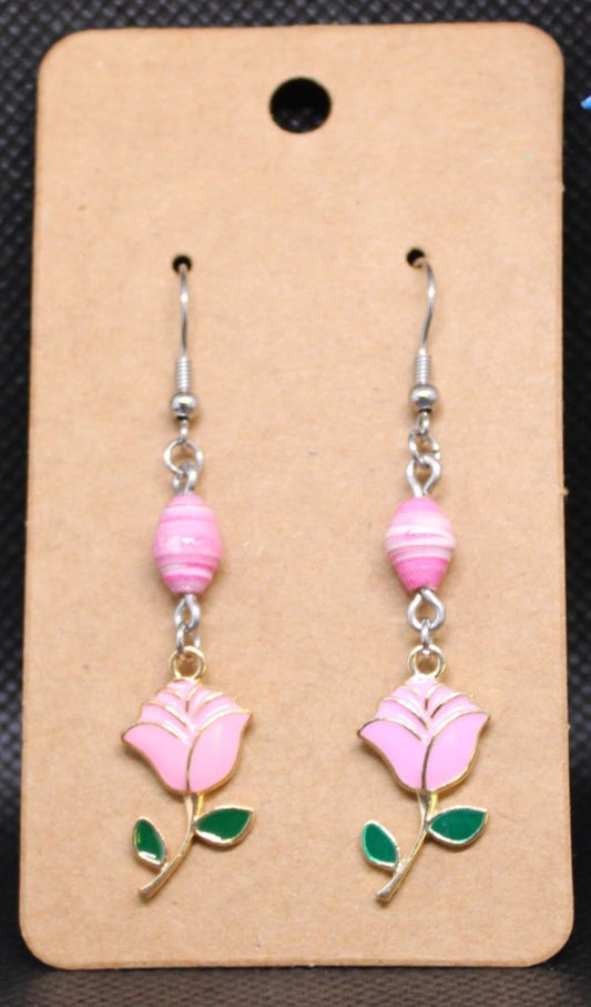 Silver and Green Designs by Raven Pink Rose Stainless Steel Earrings