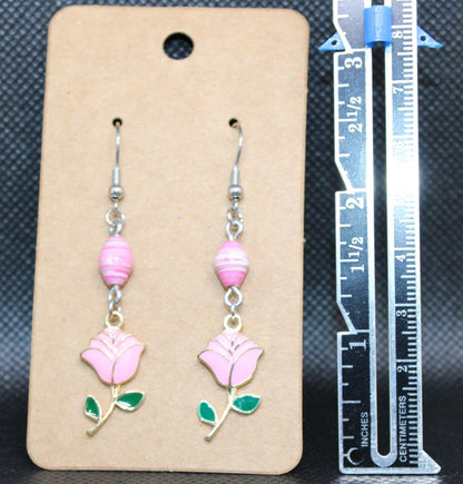 Silver and Green Designs by Raven Pink Rose Stainless Steel Earrings