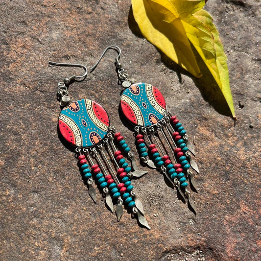 Silver, teal, and coral red  Southwestern Handcrafted Earrings
