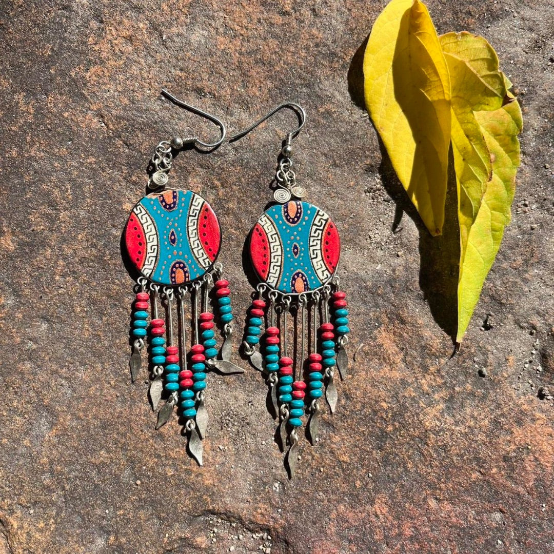 Silver, teal, and coral red  Southwestern Handcrafted Earrings