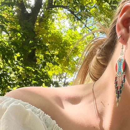 Silver, teal, and coral red  Southwestern Handcrafted Earrings