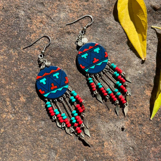 Silver, turquoise, azure blue and coral red  Southwestern Handcrafted Earrings