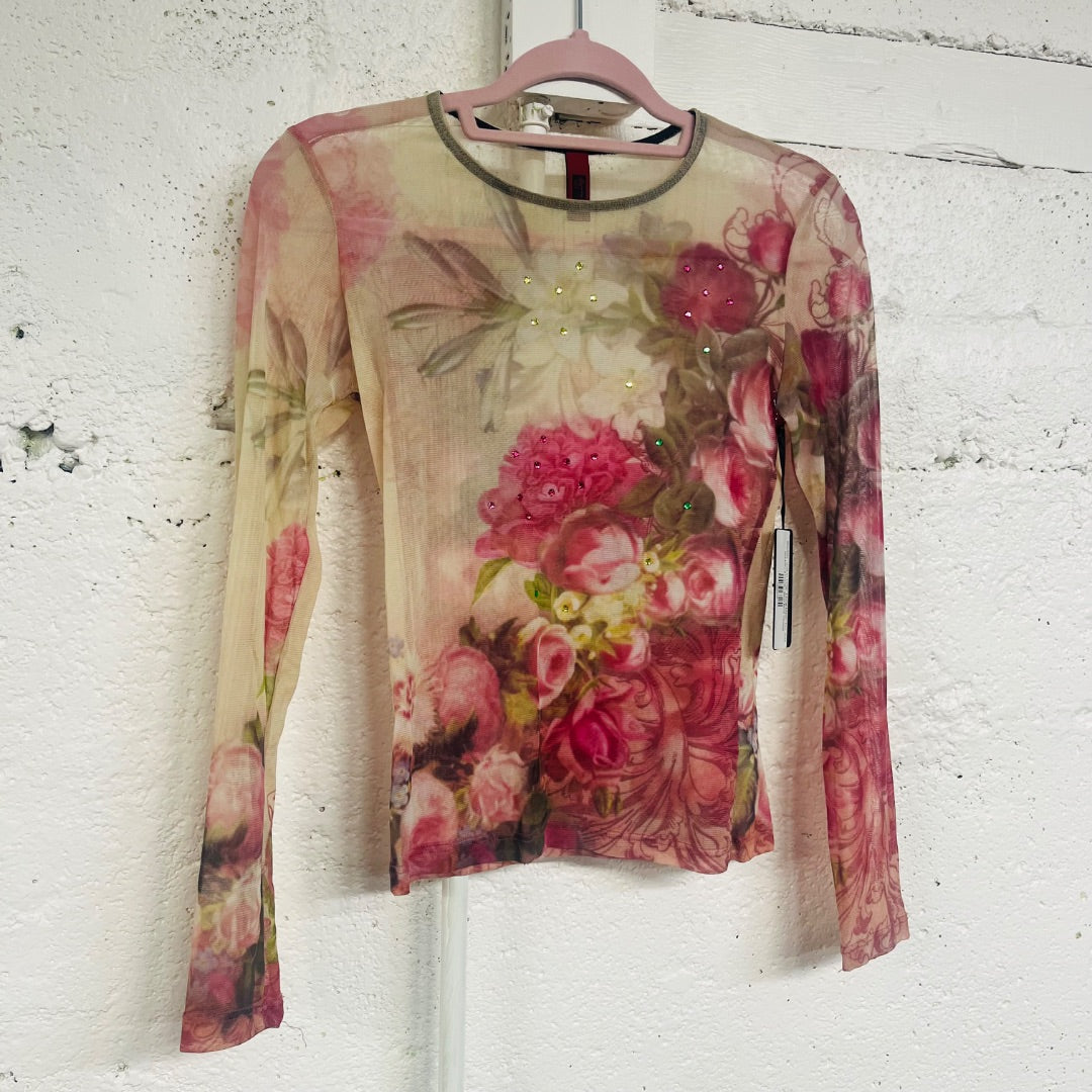 90s/00s "Just in Time" Floral Mesh Top, S/M