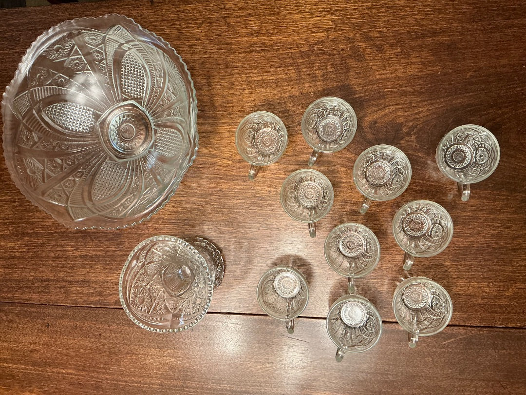 Clear glass Thatcher Glass Early American punch bowl set