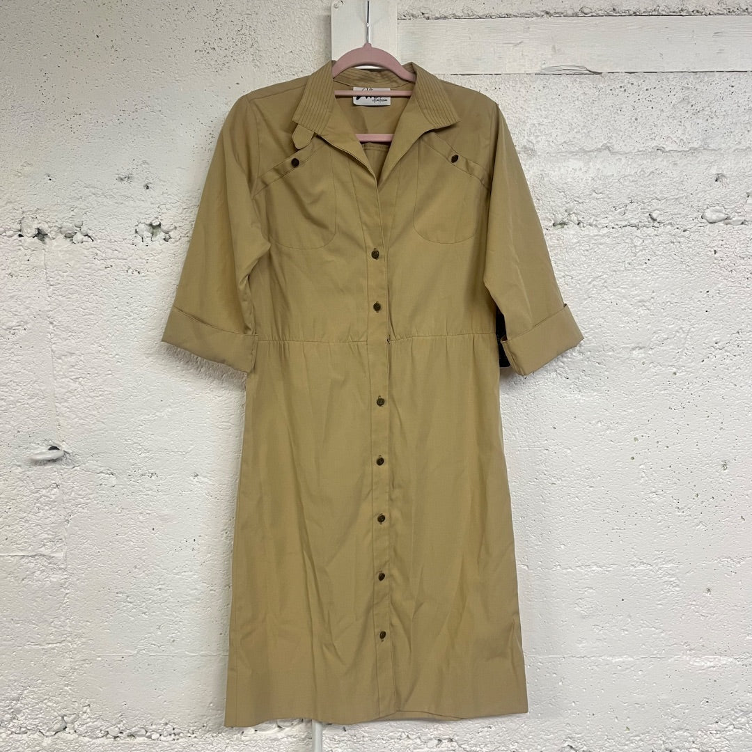 70s Military Style Shirt Dress, S/M