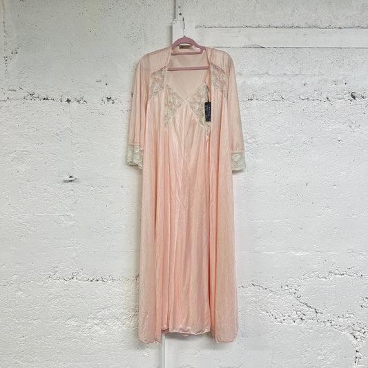 70s Pink Lacy Nightgown + Robe, S