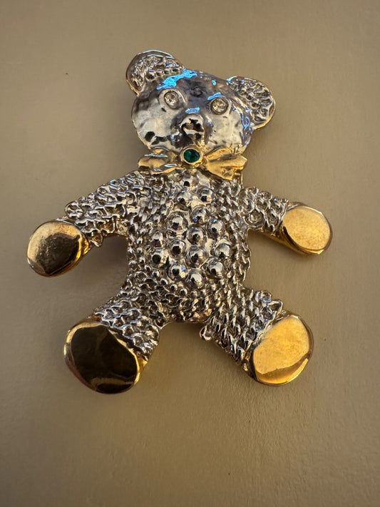 Teddybear gold and silver tone brooch