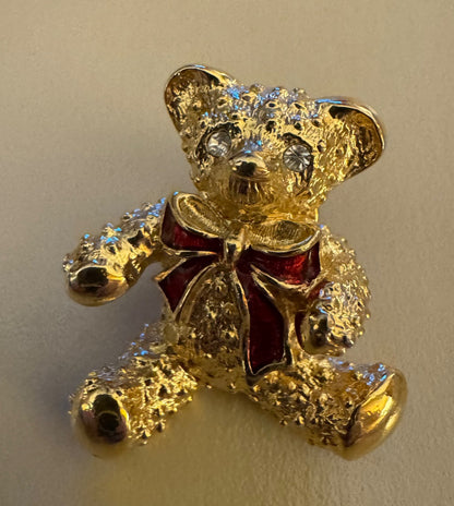 Goldtone teddy bear w/red bow push pin
