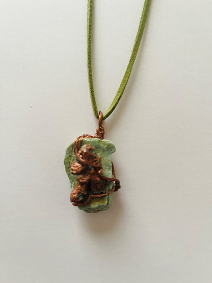 13" Leather Cord, Moss Agete with Raw Copper. Jewelry