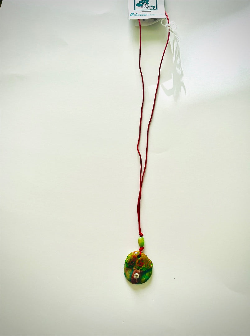 24" Ted Cord, Wood Bead, Kiln Fired, Hand Painted Tree with Gem. Jewelry