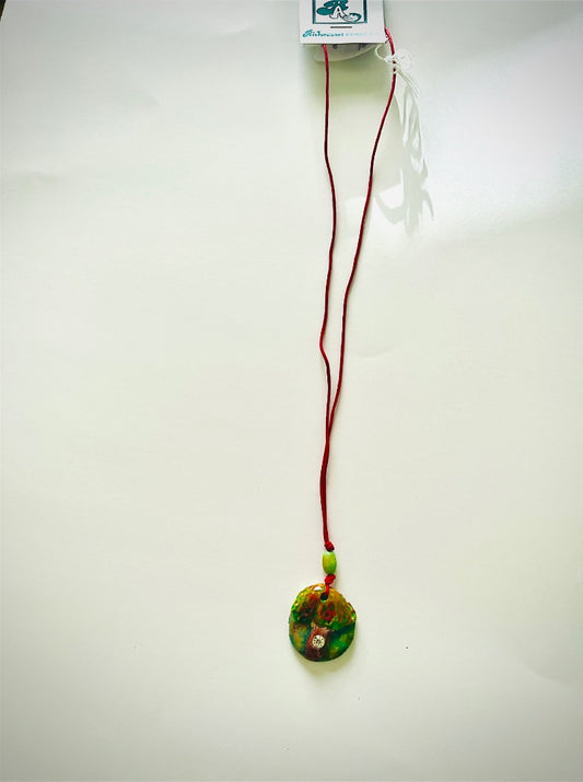 24" Ted Cord, Wood Bead, Kiln Fired, Hand Painted Tree with Gem. Jewelry