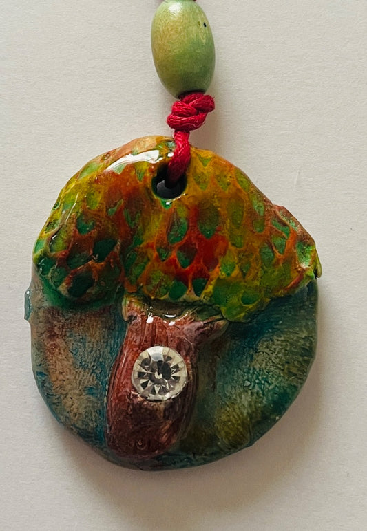 24" Ted Cord, Wood Bead, Kiln Fired, Hand Painted Tree with Gem. Jewelry
