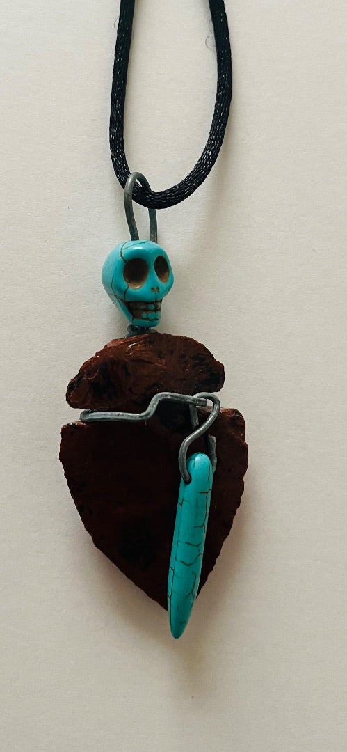 20" Black Cord, Glass Arrowhead with Turquoise Shull &amp; Spear. Jewelry