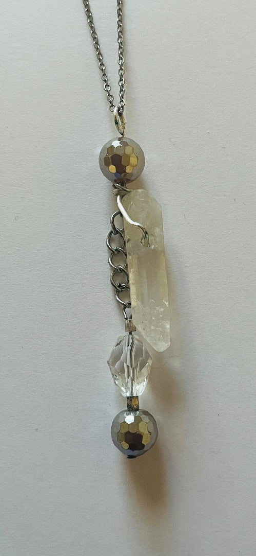 14" Chain, 2 Glass Bead &amp; Quartz Spear. Matching quartz earring. Jewelry