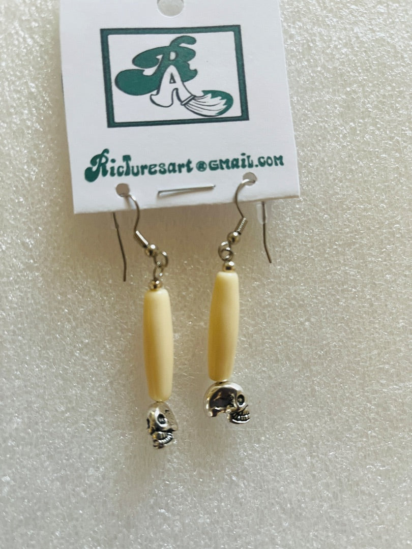 Bone Bead with Skull Bead Earring. Jewelry, 2”