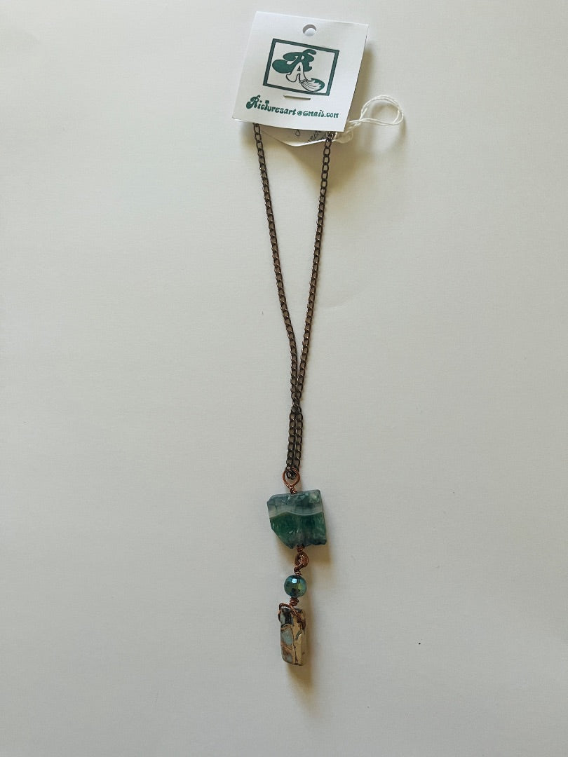 24" Chain, Sliced Geode, Glass Bead & Blue Argonite. Jewelry