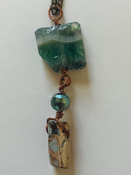 24" Chain, Sliced Geode, Glass Bead & Blue Argonite. Jewelry