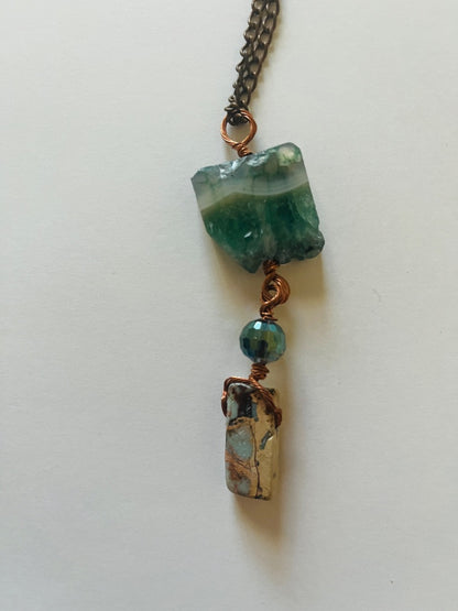 24" Chain, Sliced Geode, Glass Bead & Blue Argonite. Jewelry