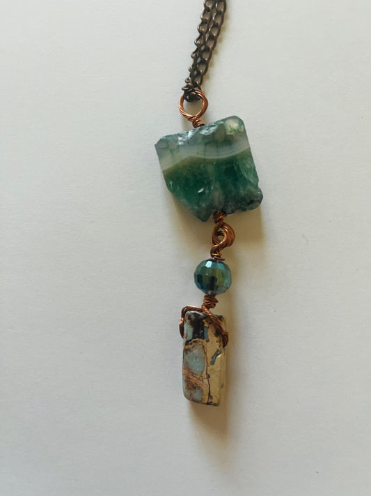 24" Chain, Sliced Geode, Glass Bead & Blue Argonite. Jewelry