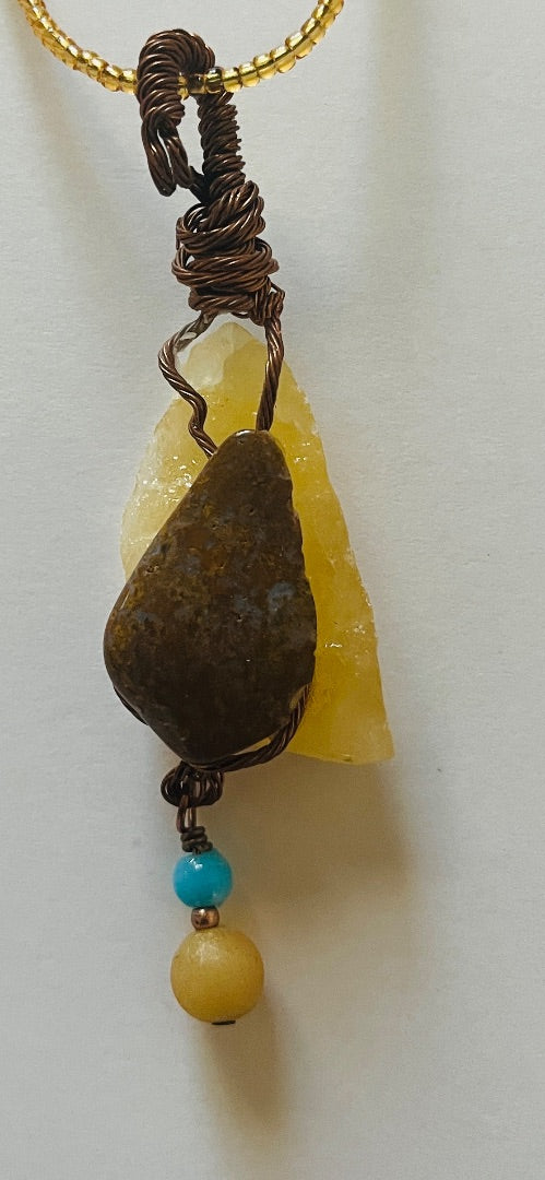 15" Glass Bead with Turquoise Necklace. Copper wired Calcite and Jasper. Jewelry